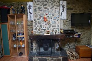 pared de piedra con chimenea en la sala de estar en Apto cerca de Puigcerda con chimenea, en Bourg-Madame