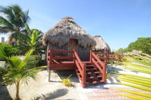 a small hut with a thatched roof on a beach at El Ben Cabañas in Caye Caulker