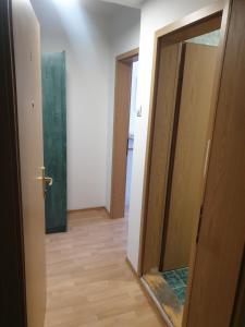 einen Flur mit offener Tür und Spiegel in der Unterkunft City center apartment 2 in Niš