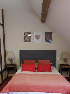 a bedroom with a large bed with two red pillows at Les 3 Roses in Anjouin