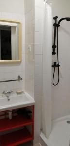 baño con lavabo y cortina de ducha en Alex Point - Guest House, en Viana do Castelo