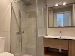 W łazience znajduje się szklana kabina prysznicowa i umywalka. w obiekcie Hacienda Miraflores w Kordobie