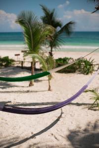 een hangmat op een strand met palmbomen en de oceaan bij Los Arrecifes in Tulum