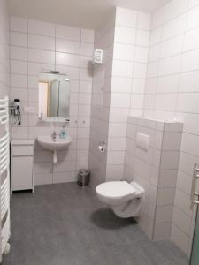 Baño blanco con aseo y lavamanos en Apartmán 68 Horní Lipová, en Lipová-lázně