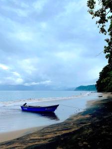 un barco azul sentado en la orilla de una playa en Choibana Ecolodge, en Bahía Solano