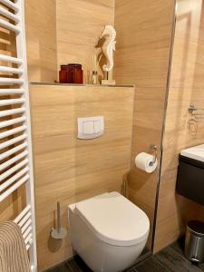een kleine badkamer met een toilet en een wastafel bij Kutscher's Ostsee FeWo - kostenlos Parken in Wismar