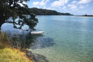 un bateau assis au milieu d'un lac dans l'établissement Frangipani guesthouse -Ngunguru, à Whangarei