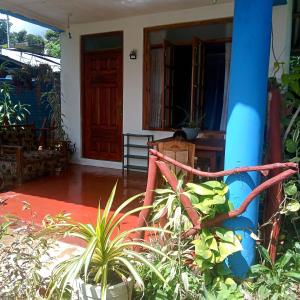 a living room with a door and some plants at The Horizon Root Inn in Ella