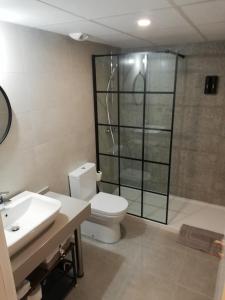 uma casa de banho com um WC, um chuveiro e um lavatório. em Apartamento Servet, parking gratuito, a 5 minutos de Sevilla em Bormujos