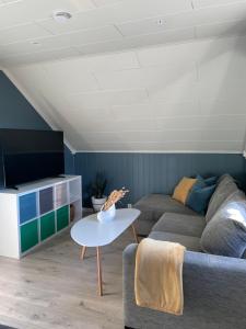 a living room with a couch and a table at Modern, small appartment in Larvik