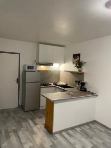 a white kitchen with a counter and a refrigerator at Les chambres et studios Camping Parc de Paletès in Saint-Girons