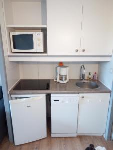una pequeña cocina con microondas y fregadero en Studio cabine Arzon Crouesty 4p en Arzon