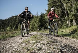 dos personas montando bicicletas en un camino de tierra en HarzHotel Güntersberge, en Güntersberge