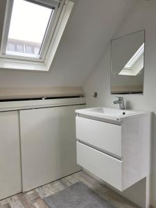 a bathroom with a white sink and a window at zilvermeeuw in Bergen aan Zee