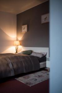 ein Schlafzimmer mit einem Bett und einer Lampe an einer Wand in der Unterkunft Ferienwohnung Gipfelblick in Willingen