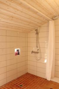 a shower in a room with a wooden ceiling at chambres d'hôtes "DINEDORT" in LʼAiguillon-sur-Vie