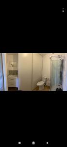 a white bathroom with a toilet and a sink at La Cigogne in Éclaron