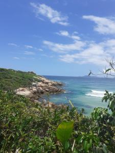 a view of the ocean from a hill with trees at Casas Amarelas in Florianópolis