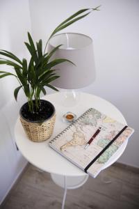 une table blanche avec une plante en pot et un livre dans l'établissement Sapigno B&B, à SantʼAgata Feltria