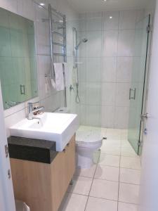 uma casa de banho com um lavatório, um WC e um chuveiro em Merivale Manor em Christchurch