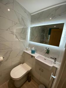 a bathroom with a toilet and a sink and a mirror at Sweet Caroline - luxury studio stone’s throw from Mousehole harbour in Mousehole +18 photos