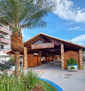 ein Gebäude mit einer Palme vor einem Gebäude in der Unterkunft Linda casa Rio das Ostras, ar condicionado, wifi, churrasqueira e garagem in Rio das Ostras