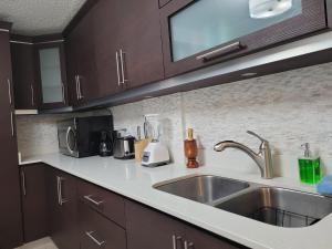 cocina con fregadero y microondas en Aquaville Dorado Moderna Villa 3, en Dorado