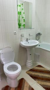 een badkamer met een toilet, een wastafel en een spiegel bij Apartment in Raduga West, Issyk-Kul in Tamchy