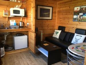 a living room with a couch and a microwave at Dallymach pod in Lochboisdale