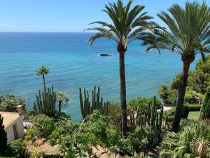 a view of the ocean from a resort with palm trees at El jardin Botánico Villa LUZ in Altea