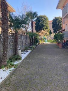 a driveway with palm trees and a fence at Casa Vacanza a Limbiate in Limbiate