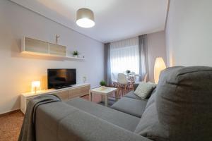 sala de estar con sofá y TV en Apartamento Albelda Plaza en Albelda de Iregua