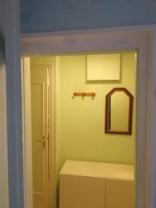 baño con paredes verdes, espejo y puerta en Arbois, joli petit appartement plein centre, en Arbois