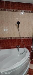 een badkuip met een slang bevestigd aan een tegelmuur bij OneBeach Apartman in Siófok +29 foto's