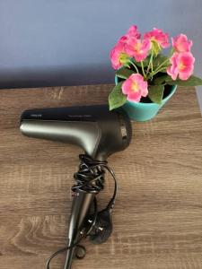 a hair dryer and a flower pot on a table at W36 WarmStay atGoldenHills NightMarket 4R Wifi BBQ in Brinchang