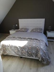 a bedroom with a large bed and two night stands at Kerguil-hanna agréable et familiale, 4 pers, piscine privée du 15 juin à mi-septembre in Moëlan-sur-Mer +45 photos
