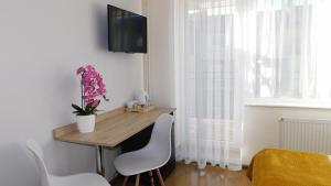Pokój z biurkiem z 2 krzesłami i telewizorem w obiekcie Family Homes - Dom Wakacyjny EDA we Władysławowie