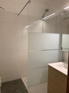 a bathroom with a glass shower and a sink at Les Menuires skis aux pieds in Les Menuires
