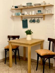 マイセンにあるFerienwohnung am Weinbergの木製テーブル(椅子2脚、植物付)