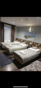 een slaapkamer met 3 bedden in een kamer bij Noclegi nad Morzem u Kasi in Gdańsk