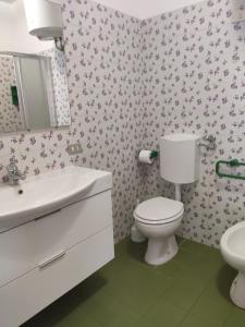 a bathroom with a toilet and a sink and a mirror at Appartamento Il Nespolo in Pomonte
