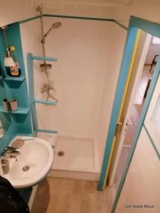 y baño con lavabo, ducha y aseo. en Résidence Les Volets Bleus: Studio de 30 m² classé 2 *, en Rochefort
