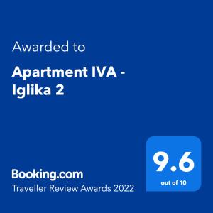 תעודה, פרס, שלט או מסמך אחר המוצג ב-Apartment IVA - Iglika 2