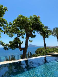 a swimming pool with trees and the ocean in the background at El jardin Botánico Villa LUZ in Altea