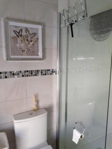 a bathroom with a toilet and a glass shower at The Holly & Ivy in Bridlington
