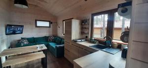 salon z zieloną kanapą w małym domku w obiekcie Domek Borsk nad samym jeziorem w mieście Borsk