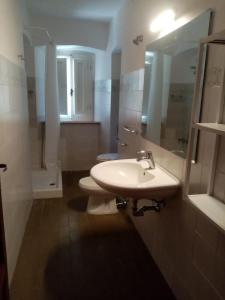 ein Badezimmer mit einem Waschbecken, einem WC und einem Spiegel in der Unterkunft Foresteria Montepitti in Campiglia Marittima