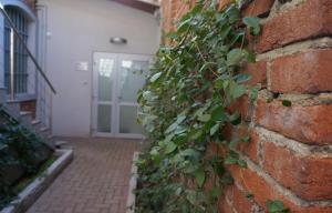 a ivy covered brick wall with a front door at b&b la fabbrica in Gaglianico