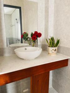 a bathroom counter with a sink and red roses at Toro Homestay in Hoi An
