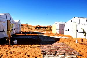 a group of buildings in the desert with horses in the background at Tuareg Luxury Camp in Merzouga